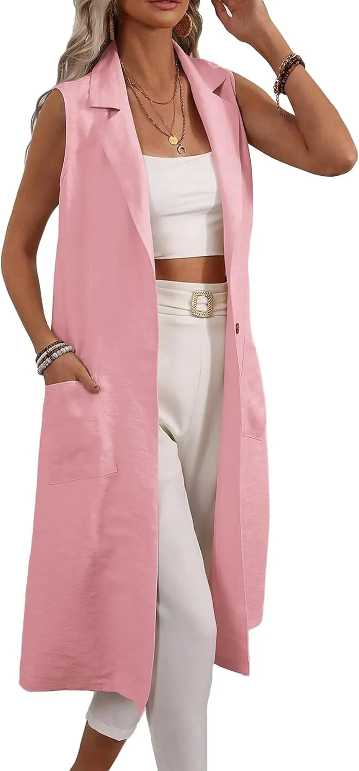 2025 Summer Sleeveless Long Linen Blazers Jacket Women Lightweight Fashion Casual Work Outerwear with Pockets