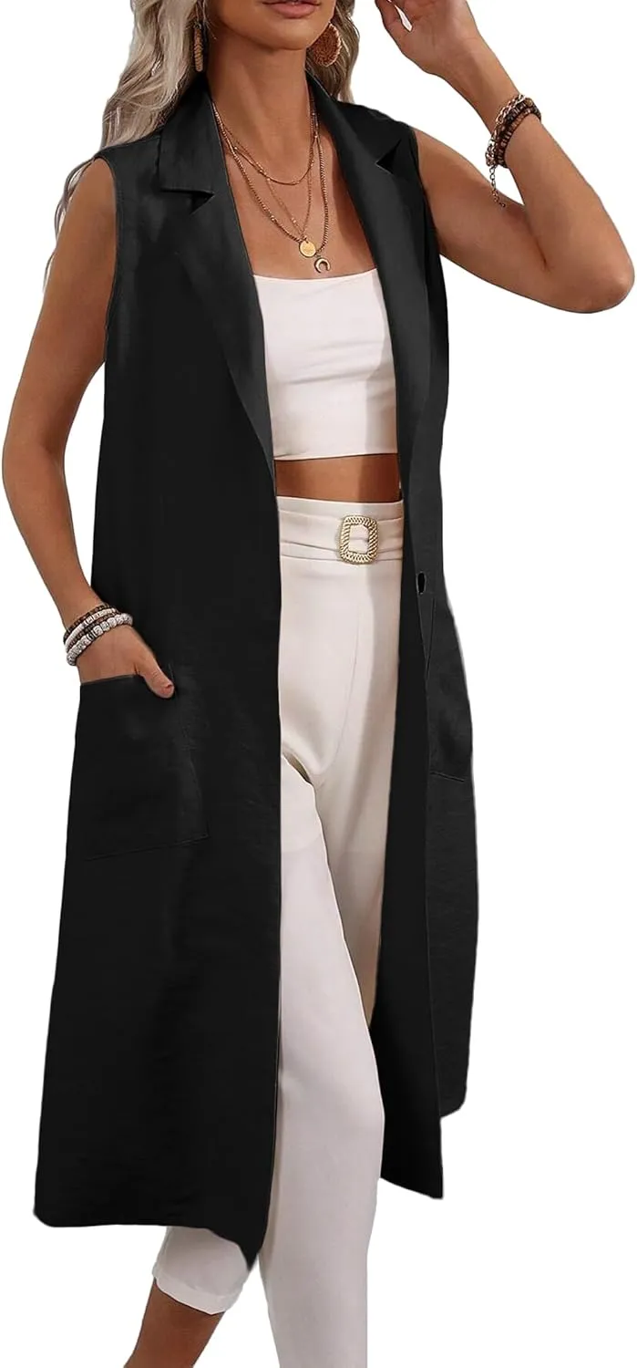 2025 Summer Sleeveless Long Linen Blazers Jacket Women Lightweight Fashion Casual Work Outerwear with Pockets