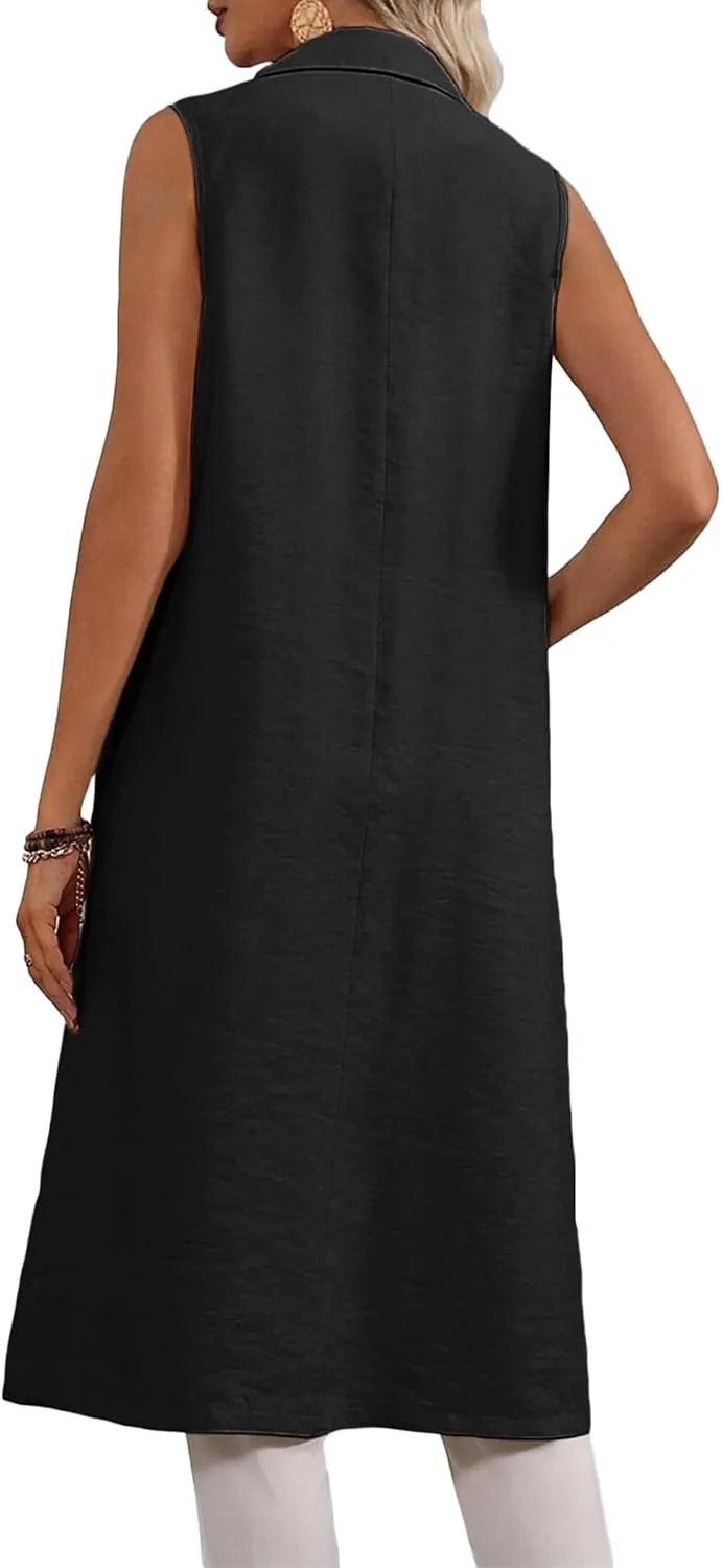 2025 Summer Sleeveless Long Linen Blazers Jacket Women Lightweight Fashion Casual Work Outerwear with Pockets