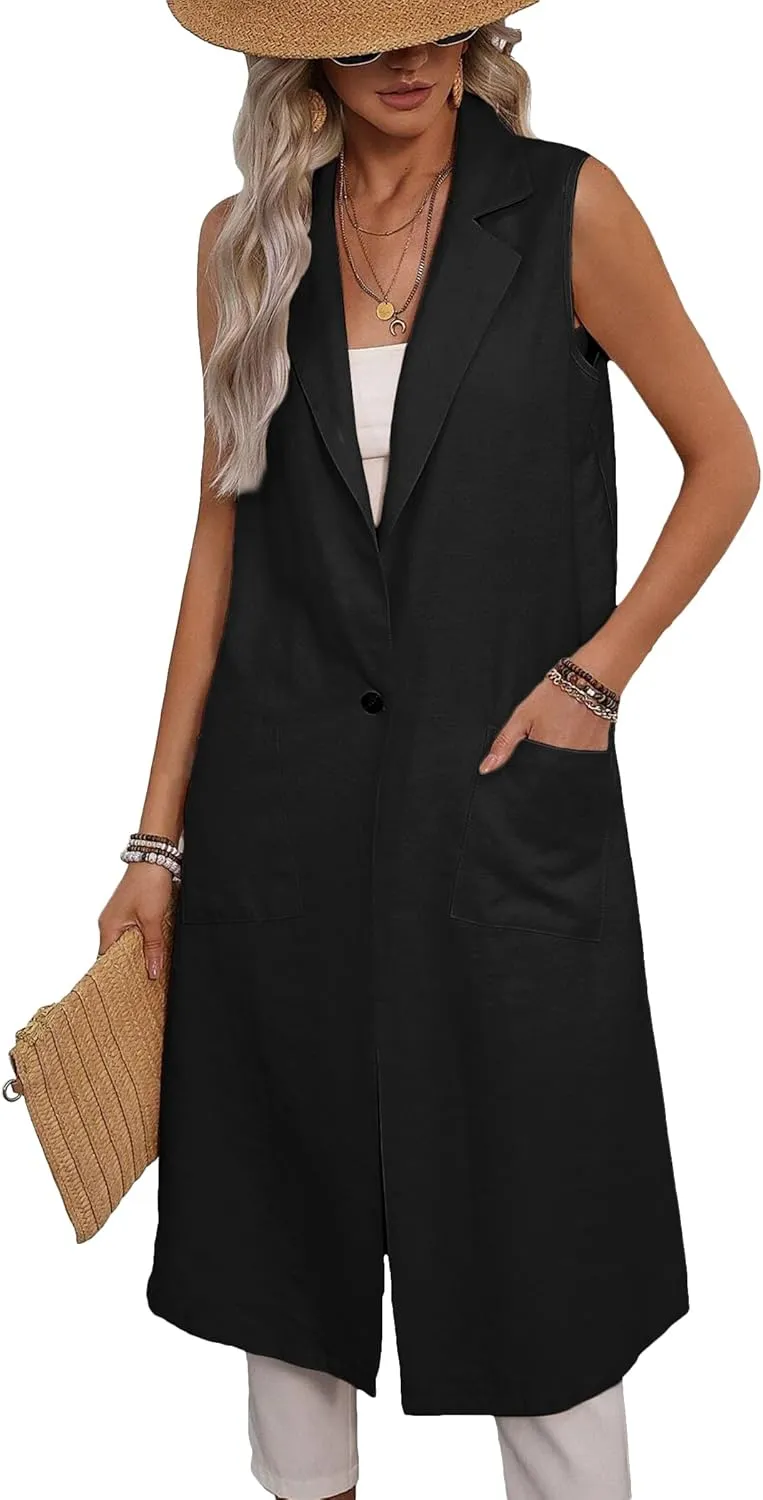 2025 Summer Sleeveless Long Linen Blazers Jacket Women Lightweight Fashion Casual Work Outerwear with Pockets