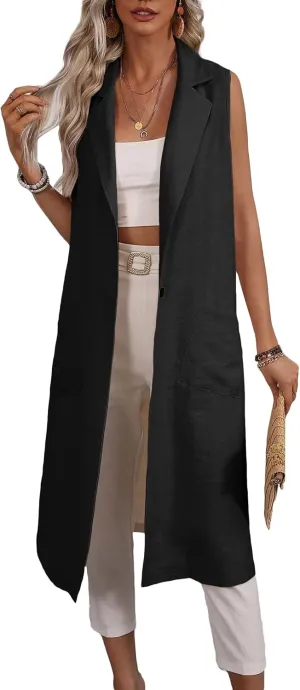2025 Summer Sleeveless Long Linen Blazers Jacket Women Lightweight Fashion Casual Work Outerwear with Pockets