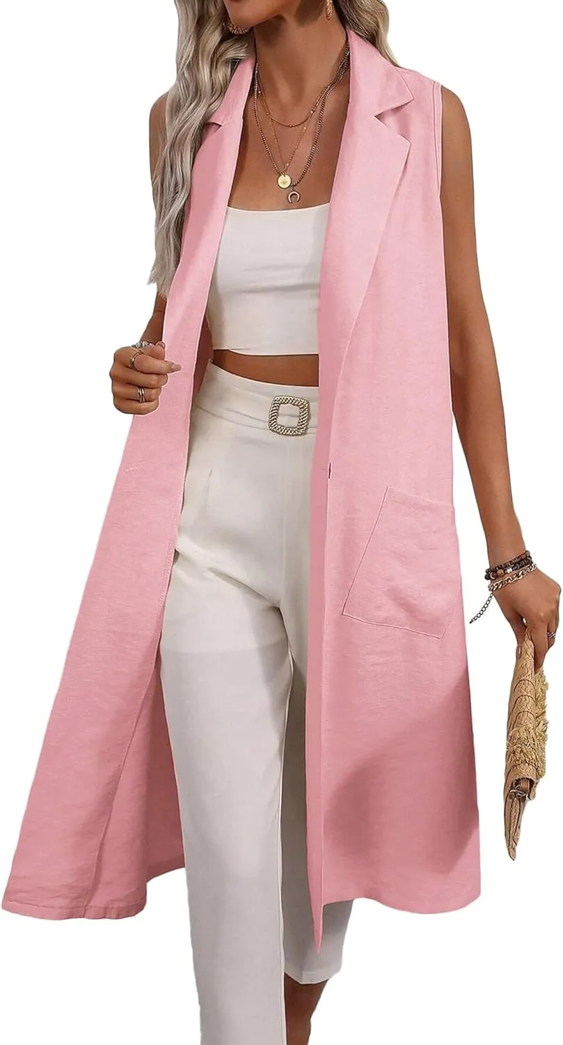 2025 Summer Sleeveless Long Linen Blazers Jacket Women Lightweight Fashion Casual Work Outerwear with Pockets