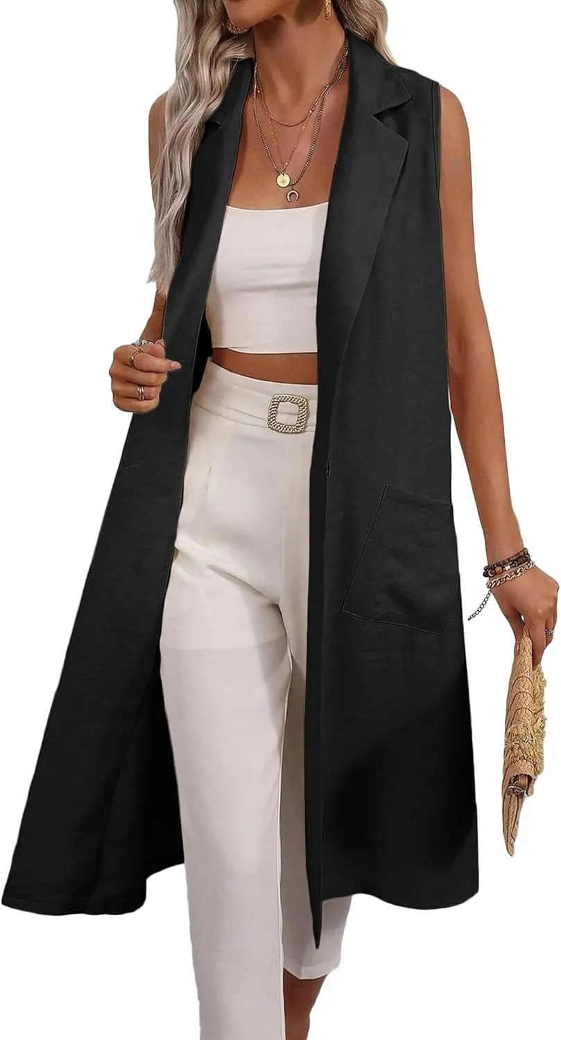2025 Summer Sleeveless Long Linen Blazers Jacket Women Lightweight Fashion Casual Work Outerwear with Pockets