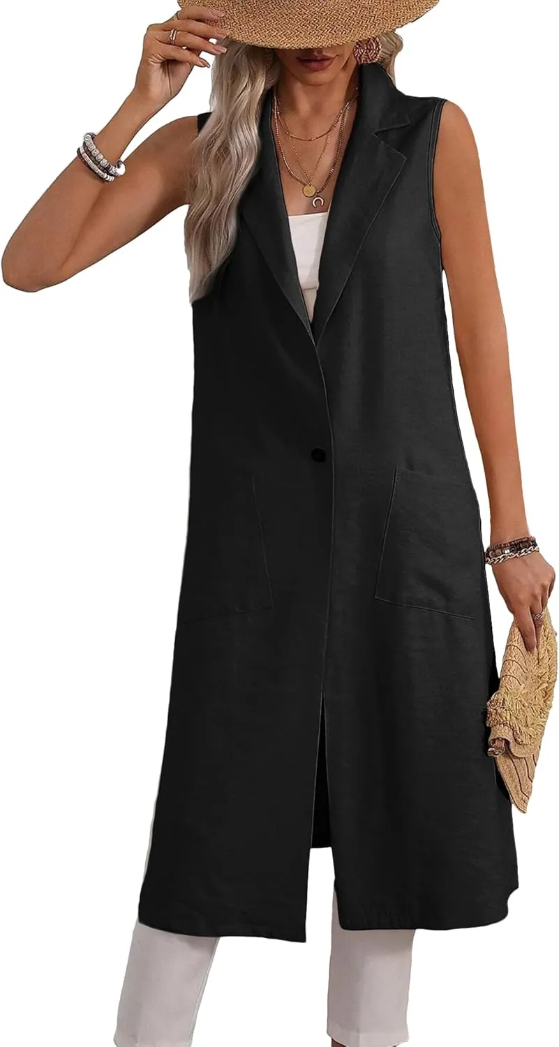 2025 Summer Sleeveless Long Linen Blazers Jacket Women Lightweight Fashion Casual Work Outerwear with Pockets