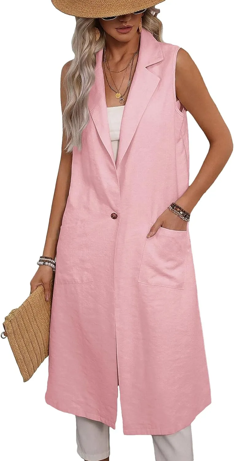 2025 Summer Sleeveless Long Linen Blazers Jacket Women Lightweight Fashion Casual Work Outerwear with Pockets