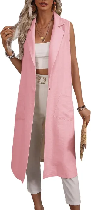 2025 Summer Sleeveless Long Linen Blazers Jacket Women Lightweight Fashion Casual Work Outerwear with Pockets