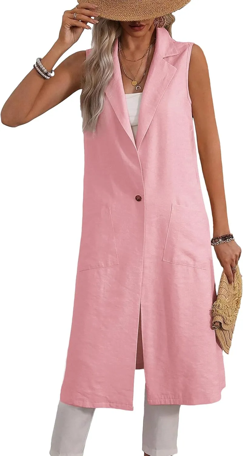 2025 Summer Sleeveless Long Linen Blazers Jacket Women Lightweight Fashion Casual Work Outerwear with Pockets