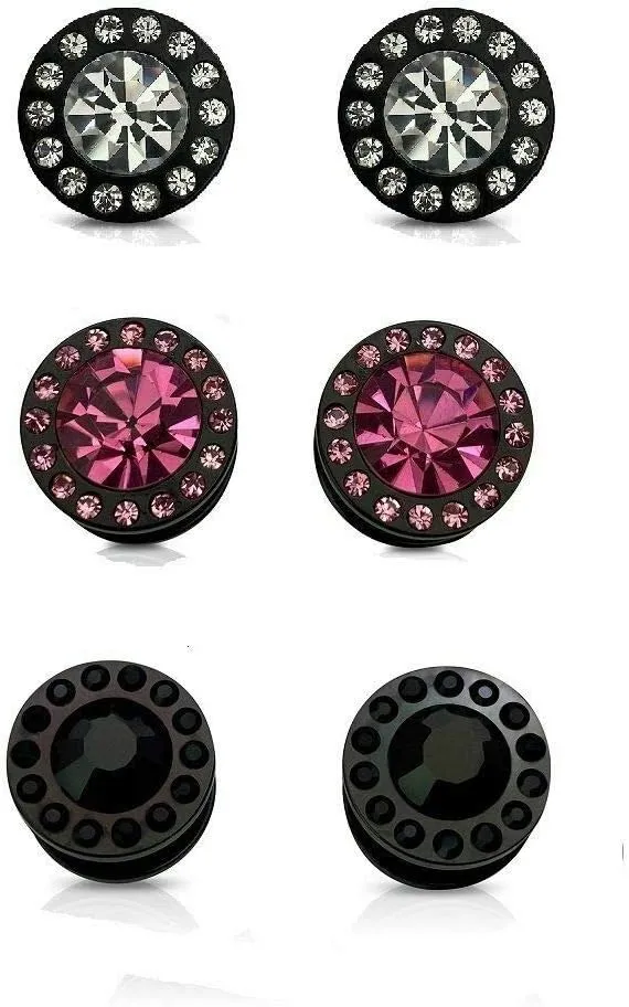 2PCS 316L Surgical Steel PVD Black Screw Fit Plugs CZ Black Cubic Zirconia Centered Tunnels Expander Ear Gauges Piercing Jewelry 3.5mm-16mm