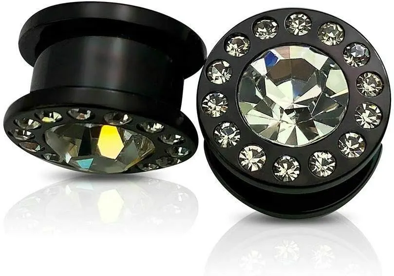 2PCS 316L Surgical Steel PVD Black Screw Fit Plugs CZ Black Cubic Zirconia Centered Tunnels Expander Ear Gauges Piercing Jewelry 3.5mm-16mm