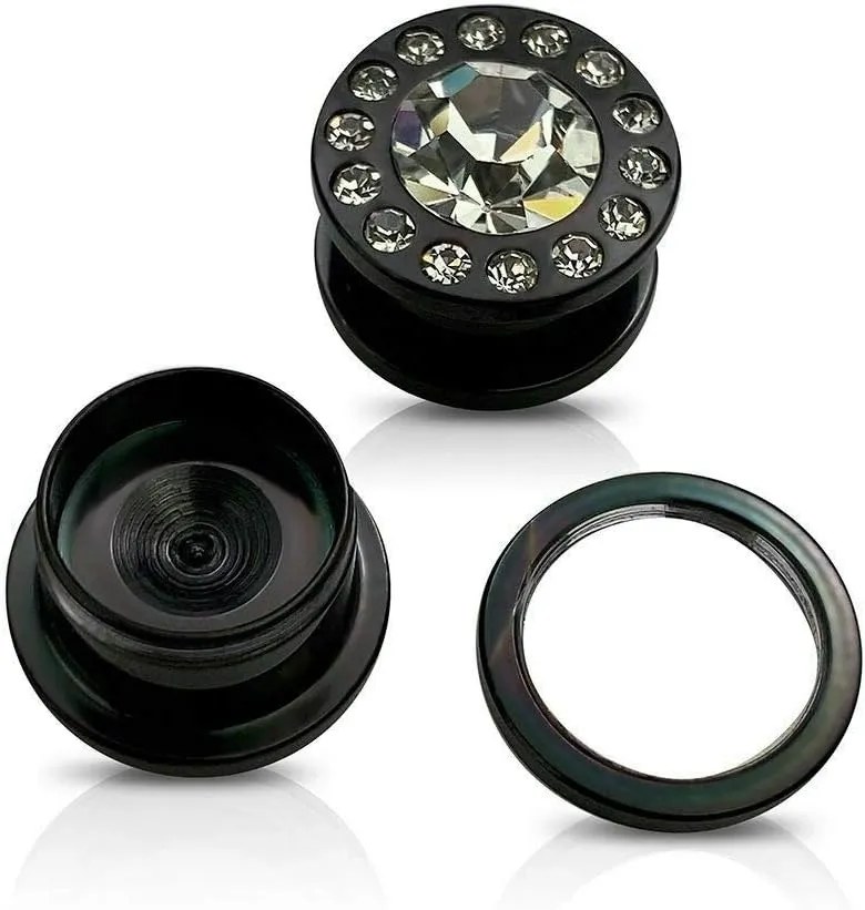 2PCS 316L Surgical Steel PVD Black Screw Fit Plugs CZ Black Cubic Zirconia Centered Tunnels Expander Ear Gauges Piercing Jewelry 3.5mm-16mm