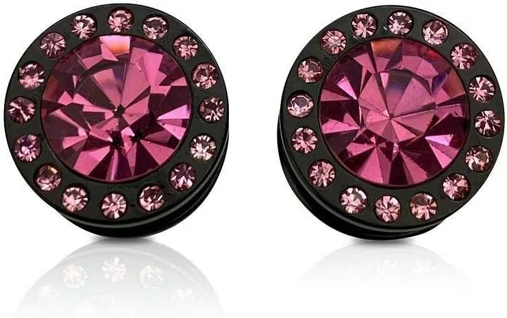 2PCS 316L Surgical Steel PVD Black Screw Fit Plugs CZ Black Cubic Zirconia Centered Tunnels Expander Ear Gauges Piercing Jewelry 3.5mm-16mm
