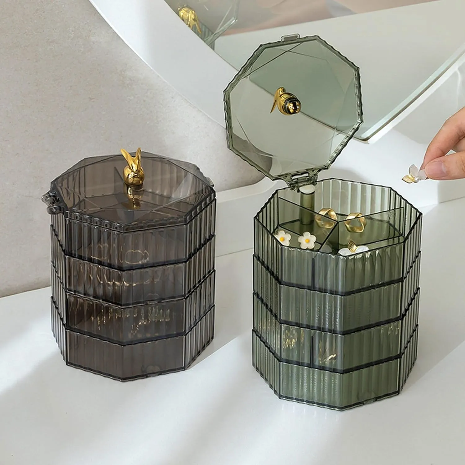 2PCS Jewelry Organizer with Handle, 4-Layer Acrylic Jewelry Box, Clear Jewelry Boxes for Women Girls, Make up Earring Organizer, Jewelry Storage Holder