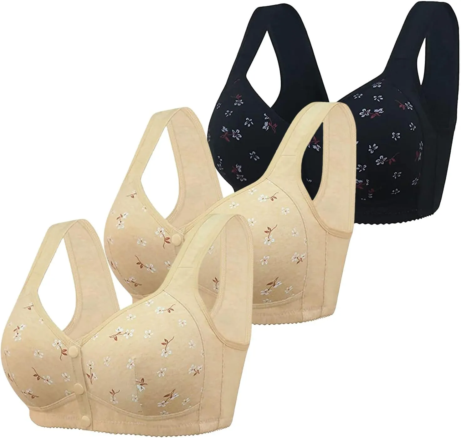 3 Pack Daisy Bra, Everyday Cozy Bras, Everyday Cotton Front Button Snap Bras Lace Unpadded Plunge Floral Easy Close Bras