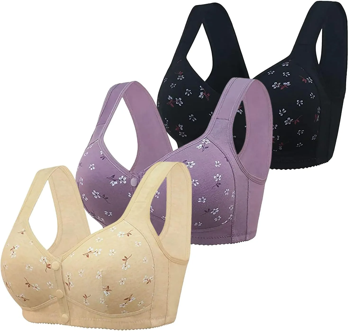 3 Pack Daisy Bra, Everyday Cozy Bras, Everyday Cotton Front Button Snap Bras Lace Unpadded Plunge Floral Easy Close Bras