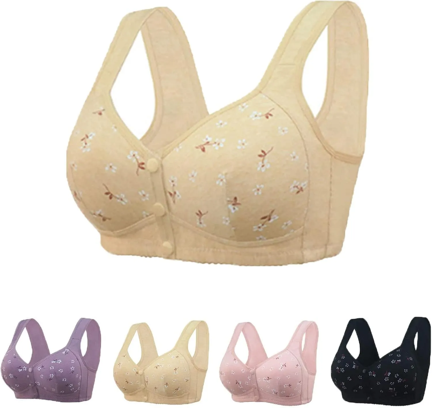3 Pack Daisy Bra, Everyday Cozy Bras, Everyday Cotton Front Button Snap Bras Lace Unpadded Plunge Floral Easy Close Bras