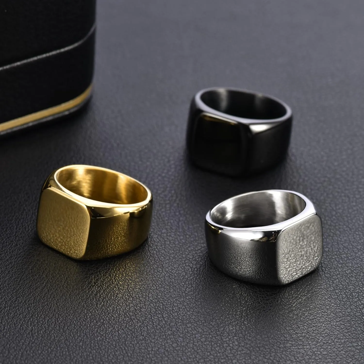 3 Pack Men's Stainless Steel Square Signet Rings (Black/Silver/Gold) - Hypoallergenic Biker Jewelry Gift Set for Dad, Husband & Bikers, Comfort Fit Size 6-13