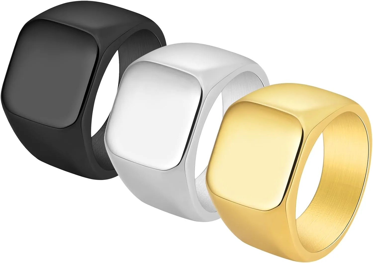 3 Pack Men's Stainless Steel Square Signet Rings (Black/Silver/Gold) - Hypoallergenic Biker Jewelry Gift Set for Dad, Husband & Bikers, Comfort Fit Size 6-13