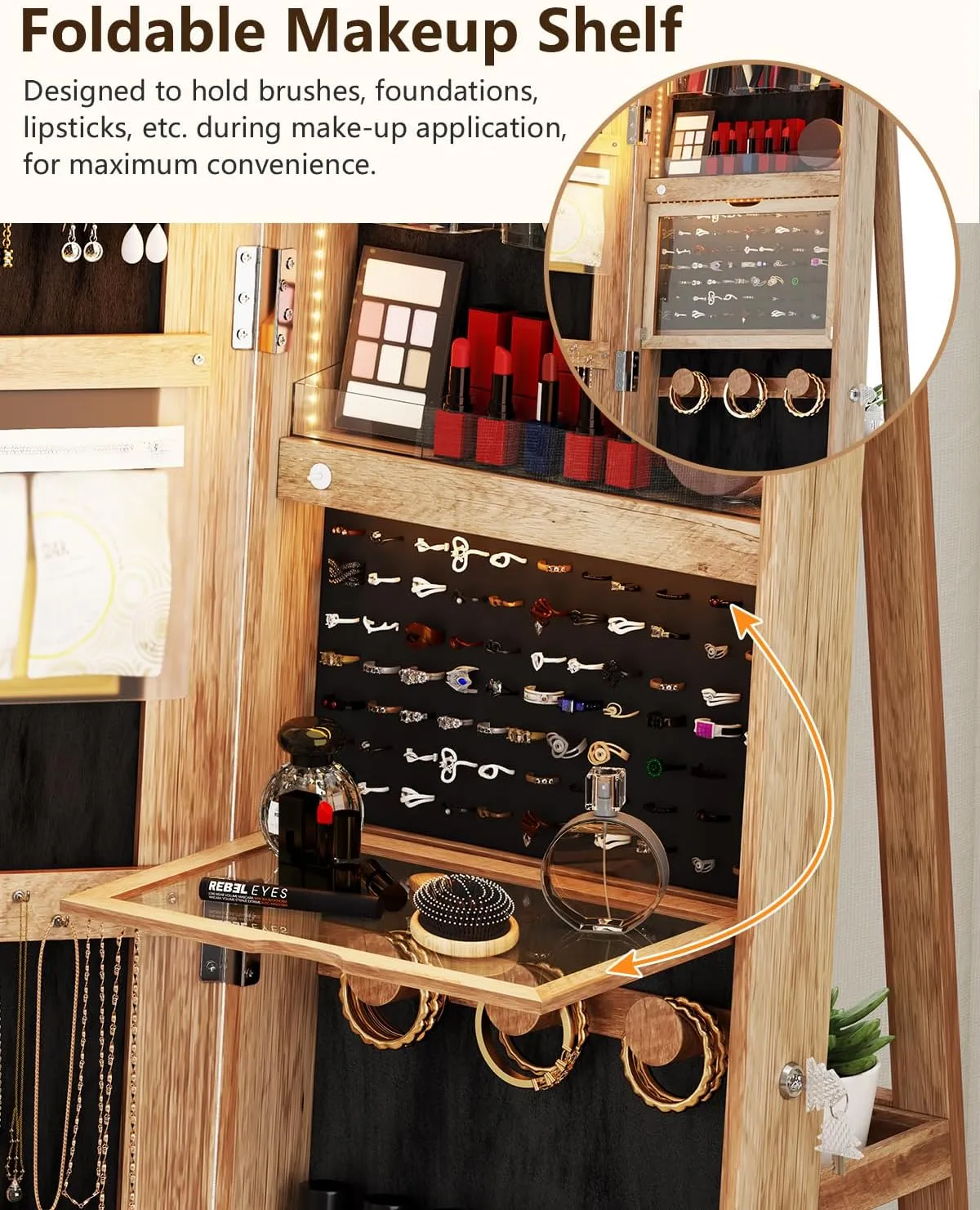 360 Rotating Jewelry Cabinet with LED Lights, 63" H Full Length Mirror with Jewelry Storage, Standing Jewelry Armoire with Mirror, Swivel Jewelry Organizer (Brown)