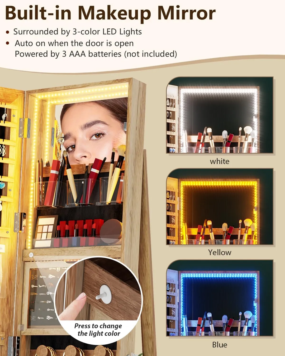 360 Rotating Jewelry Cabinet with LED Lights, 63" H Full Length Mirror with Jewelry Storage, Standing Jewelry Armoire with Mirror, Swivel Jewelry Organizer (Brown)