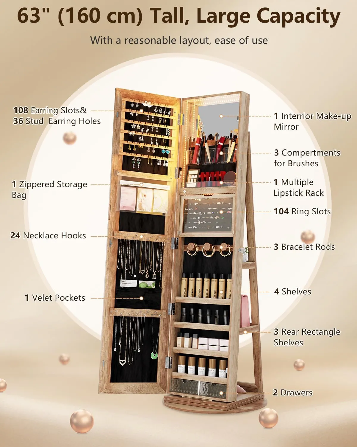 360 Rotating Jewelry Cabinet with LED Lights, 63" H Full Length Mirror with Jewelry Storage, Standing Jewelry Armoire with Mirror, Swivel Jewelry Organizer (Brown)