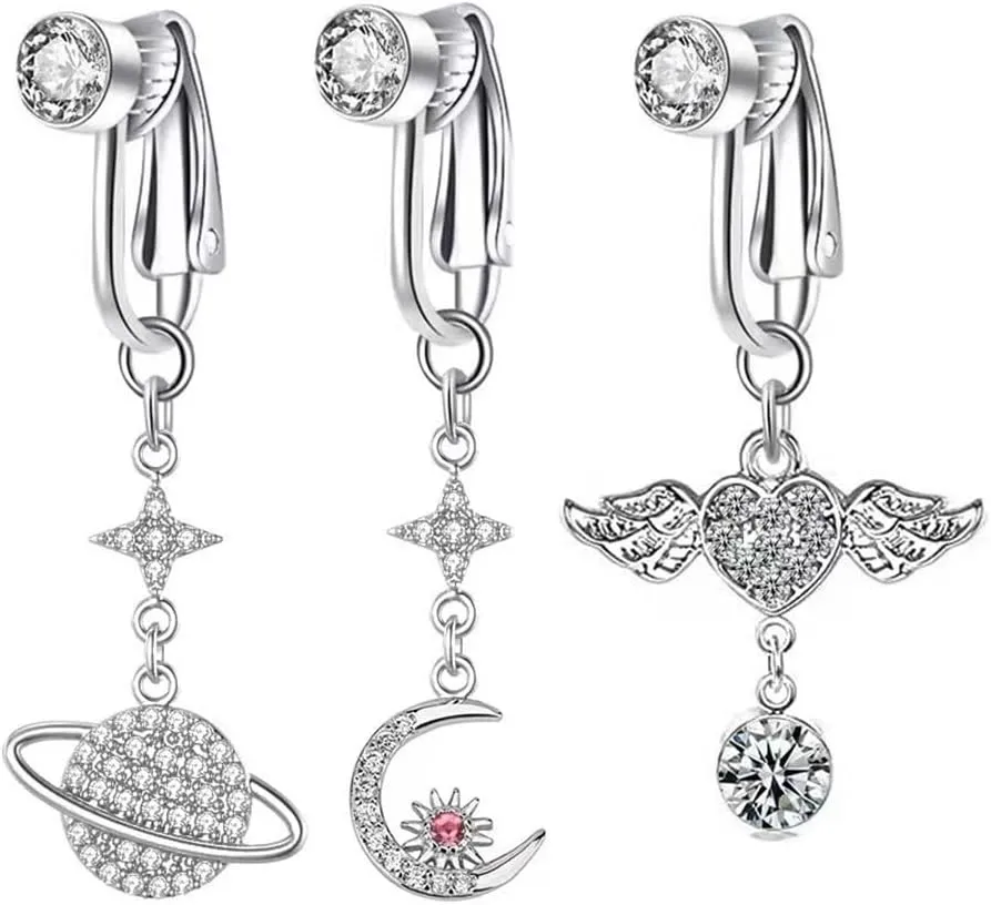 3Pcs Stainless Steel Fake Belly Button Rings for Women Planet Moon Heart Non Piercing Clip On Belly Navel Rings Barbell Fake Body Piercing Jewelry