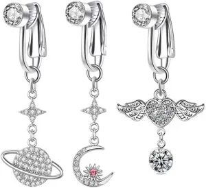 3Pcs Stainless Steel Fake Belly Button Rings for Women Planet Moon Heart Non Piercing Clip On Belly Navel Rings Barbell Fake Body Piercing Jewelry