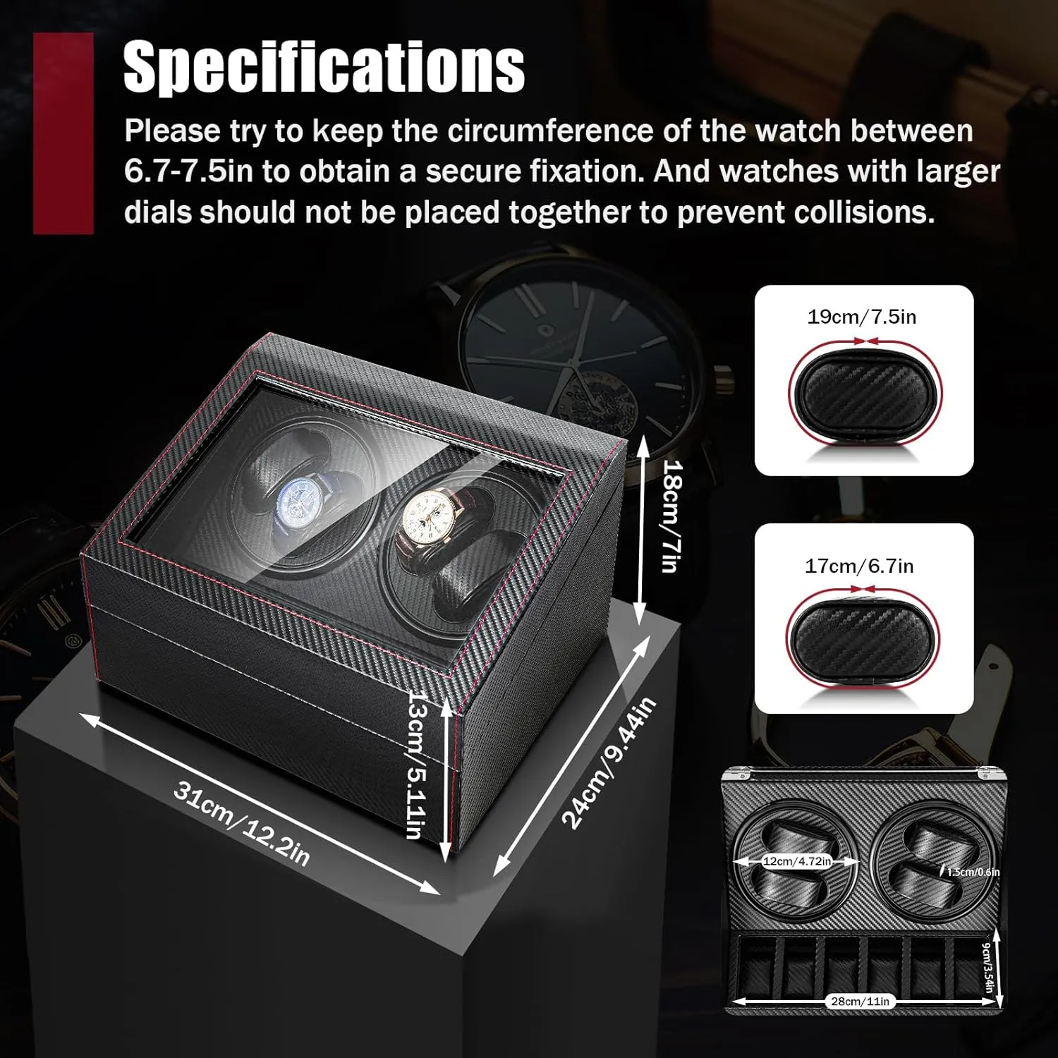 4 6 Watch Winder, Luxury Automatic 2 Motor Watch Winder PU Leather Display Case Storage Super Quiet for Lady and Men
