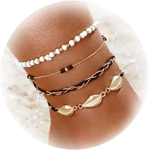 4 Pcs Gold Shell Anklet for Women Layered Beaded Anklets Beach Anklets Boho Foot Jewelry for Beach
