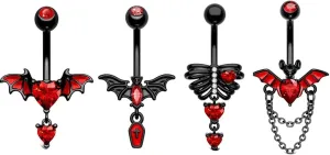4Pcs Stainless Steel Bat Belly Button Rings for Women 14G Halloween Red Black Bat Dangle Belly Navel Rings Belly Curved Barbells Body Piercing Jewelry