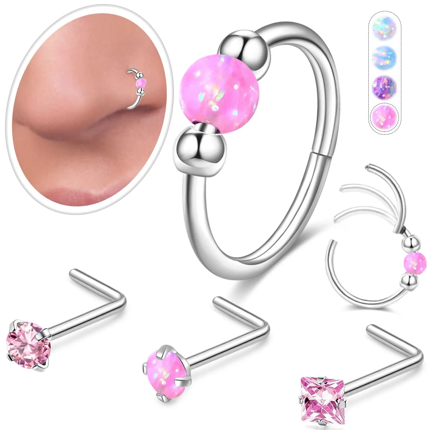 4PCS Stainless Steel Nose Rings Set for Women Men,Hypoallergenic 20G L-Shaped Nose Studs 18G Pink Opal Hinged Small Silver Hoops for Nostril Septum Cartilage Helix Rook 2nd/3rd Earlobe Lip Piercings