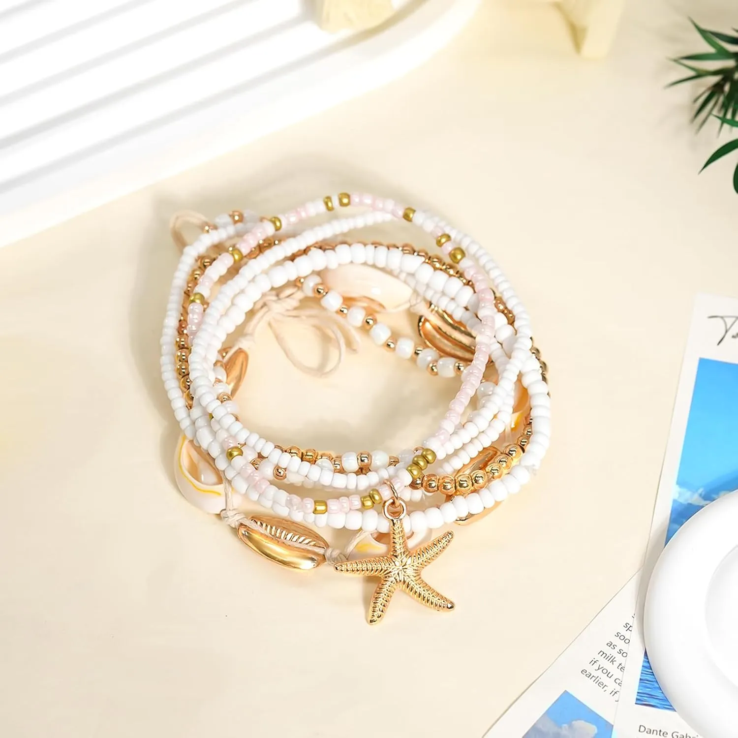 7 Pack Boho Beaded Shell Anklet Bracelets for Women Colorful Stretch Cowrie Seashell Starfish Ankle Bracelet Stack Adjustable Summer Beach Accessories Cute Hawaiian Jewelry