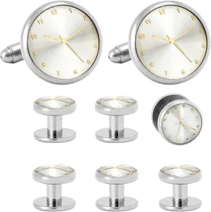 8pcs Mens Womens Cuff Links and Studs Set, Silver Black/Creative Clock Pattern Tuxedo Shirt CuffLinks for Valentines Day Business Wedding
