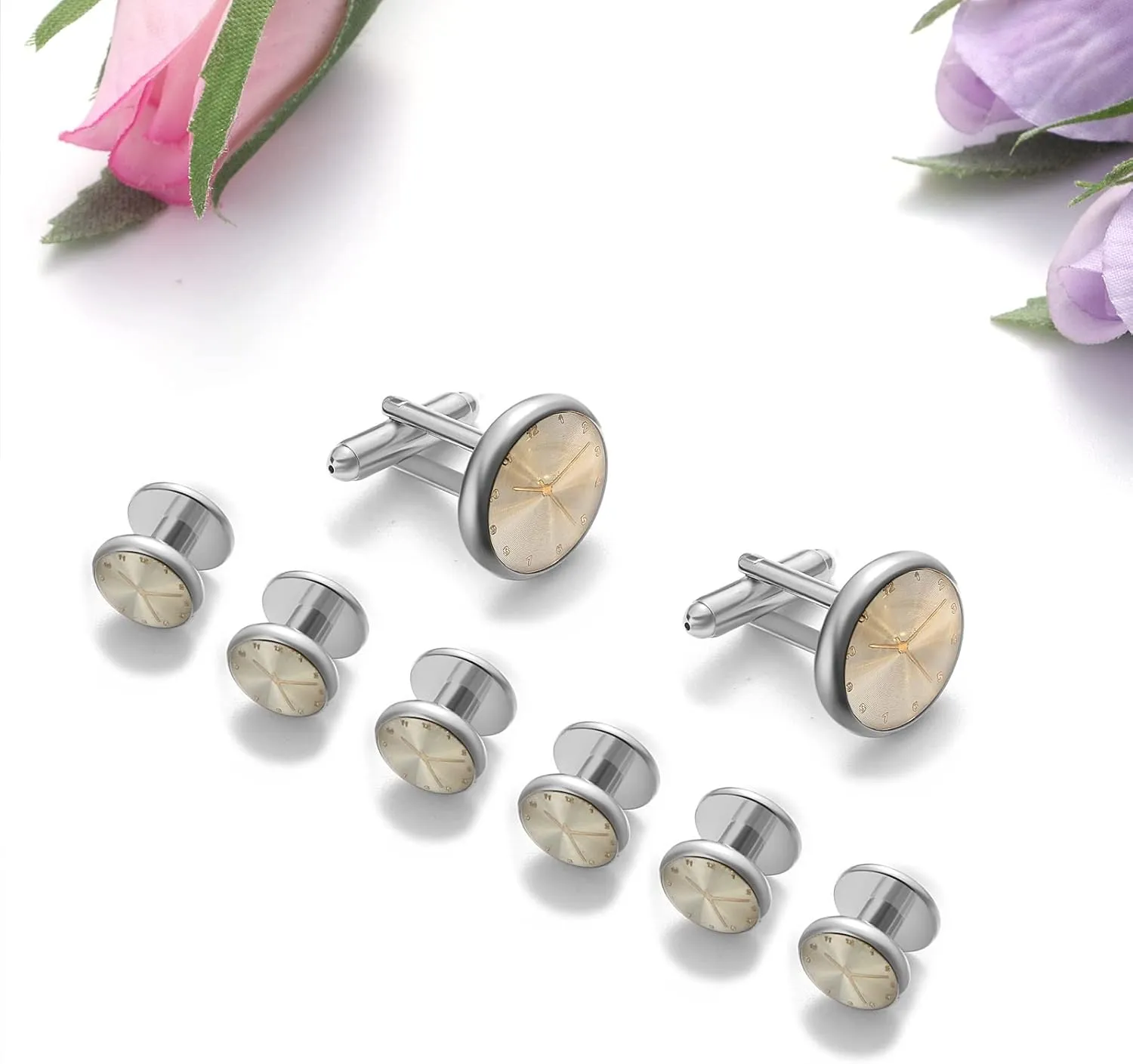 8pcs Mens Womens Cuff Links and Studs Set, Silver Black/Creative Clock Pattern Tuxedo Shirt CuffLinks for Valentines Day Business Wedding