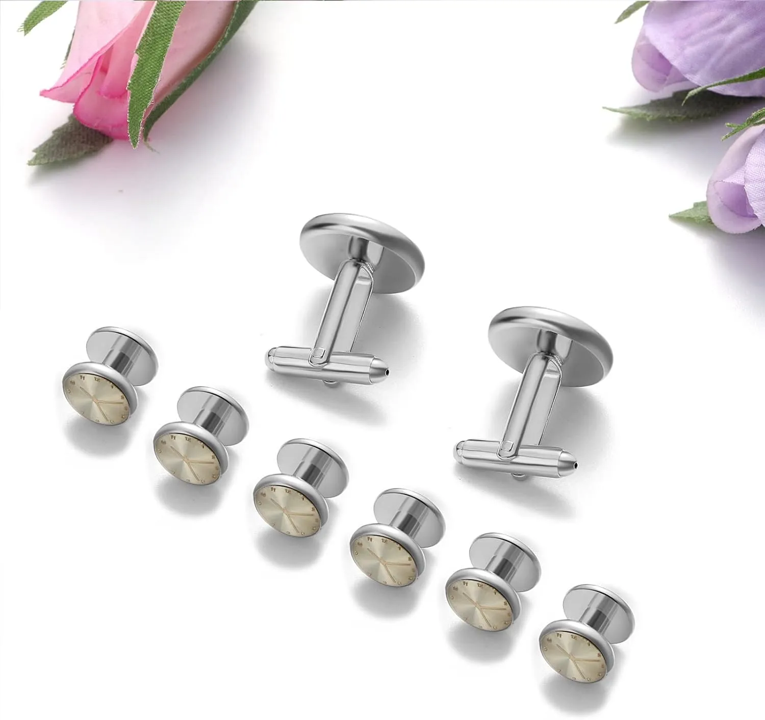 8pcs Mens Womens Cuff Links and Studs Set, Silver Black/Creative Clock Pattern Tuxedo Shirt CuffLinks for Valentines Day Business Wedding