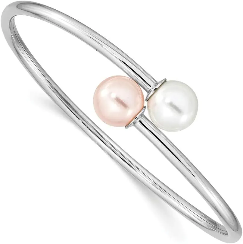 925 Sterling Silver 10-11mm White Pink Imitation Shell Pearl Bangle Cuff Bracelet 7"