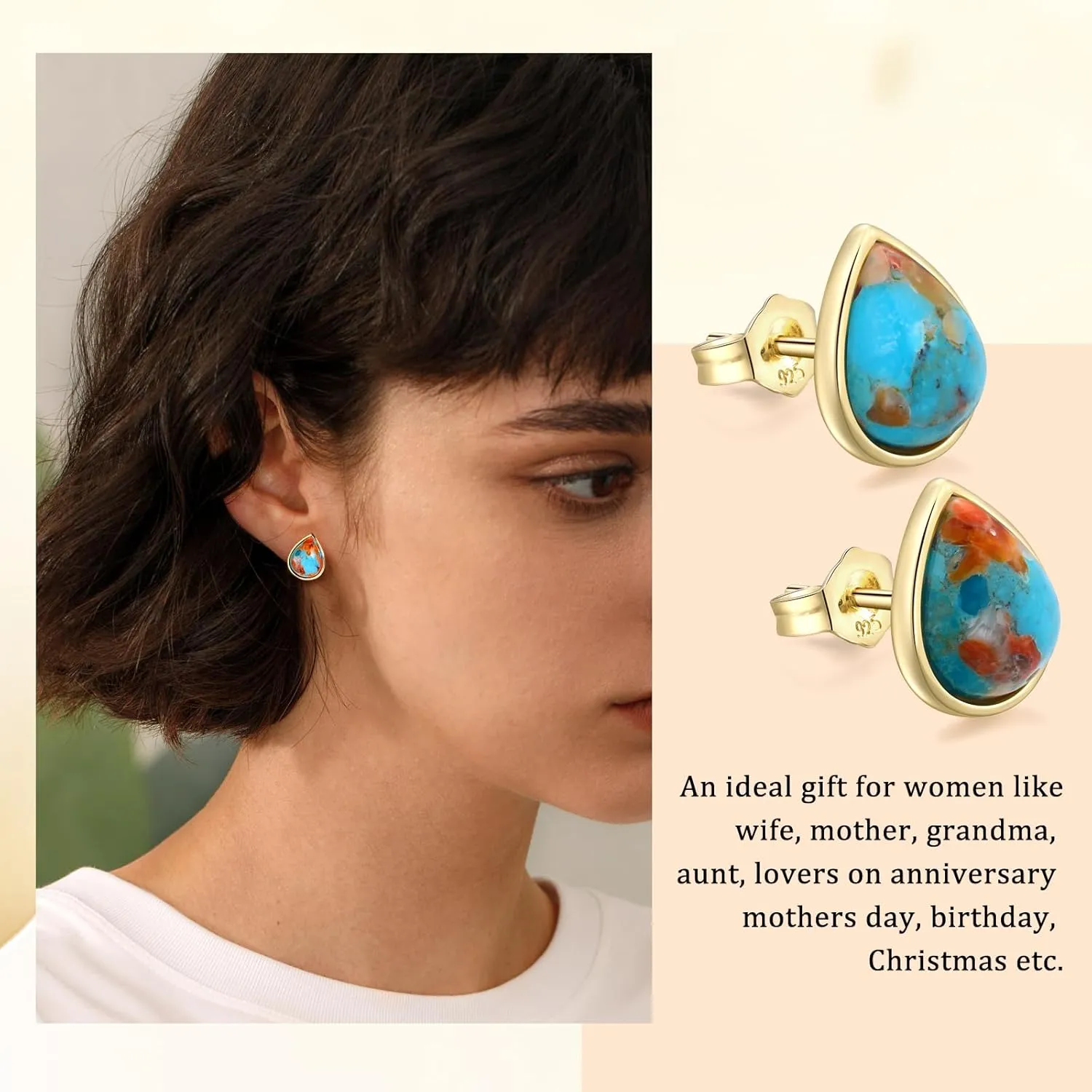 925 Sterling Silver 4 Carat Pear Cut Cabochon Gemstone Stud Earrings Yellow Gold Earring Posts Turquoise/Lapis Lazuli/Malachite Earrings Studs