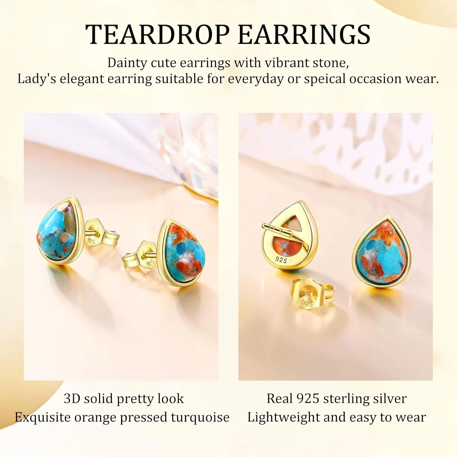 925 Sterling Silver 4 Carat Pear Cut Cabochon Gemstone Stud Earrings Yellow Gold Earring Posts Turquoise/Lapis Lazuli/Malachite Earrings Studs