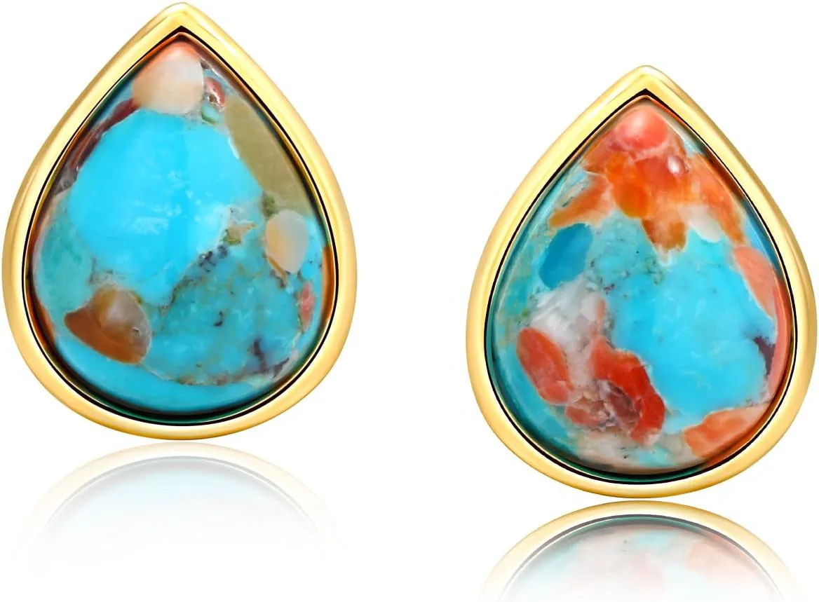 925 Sterling Silver 4 Carat Pear Cut Cabochon Gemstone Stud Earrings Yellow Gold Earring Posts Turquoise/Lapis Lazuli/Malachite Earrings Studs