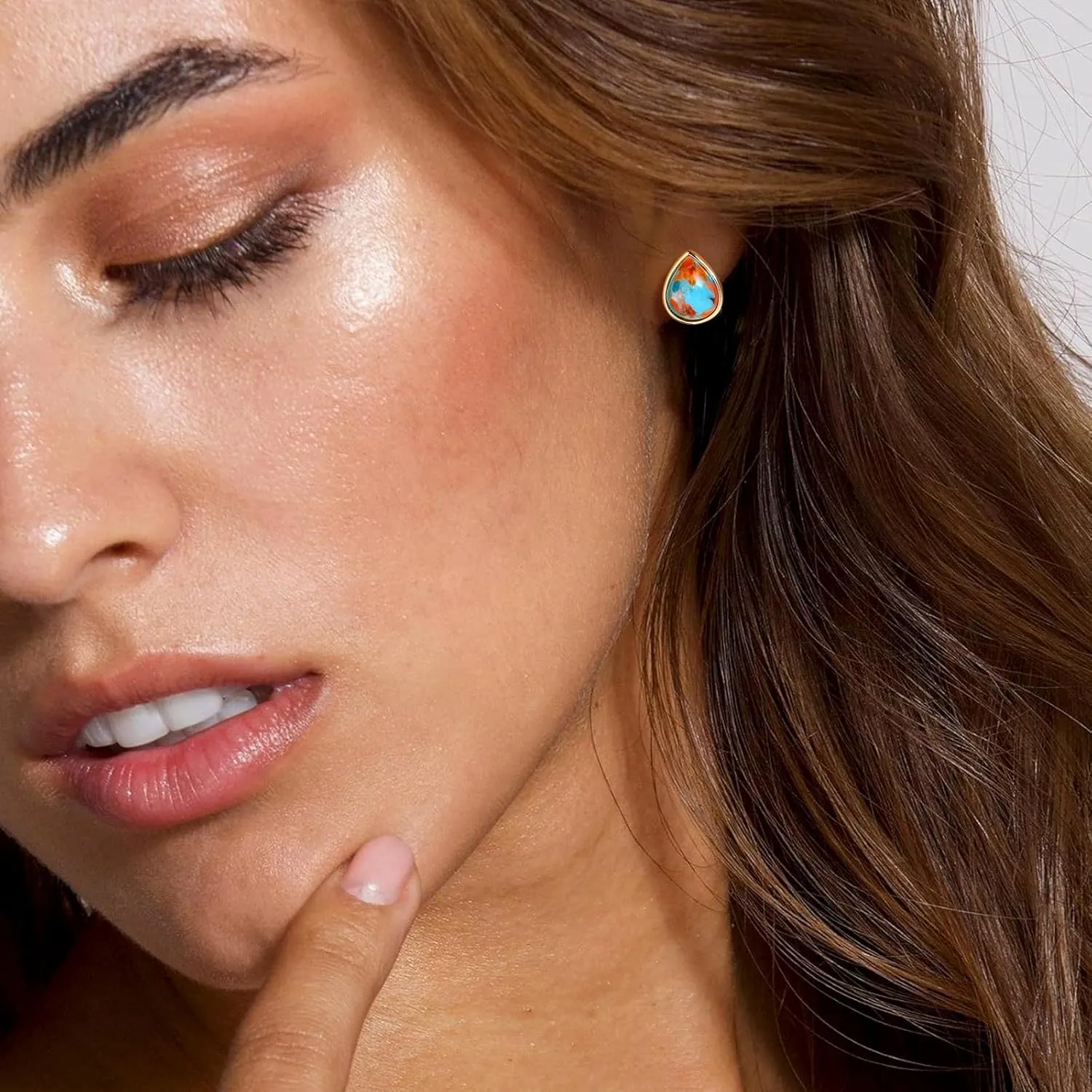 925 Sterling Silver 4 Carat Pear Cut Cabochon Gemstone Stud Earrings Yellow Gold Earring Posts Turquoise/Lapis Lazuli/Malachite Earrings Studs