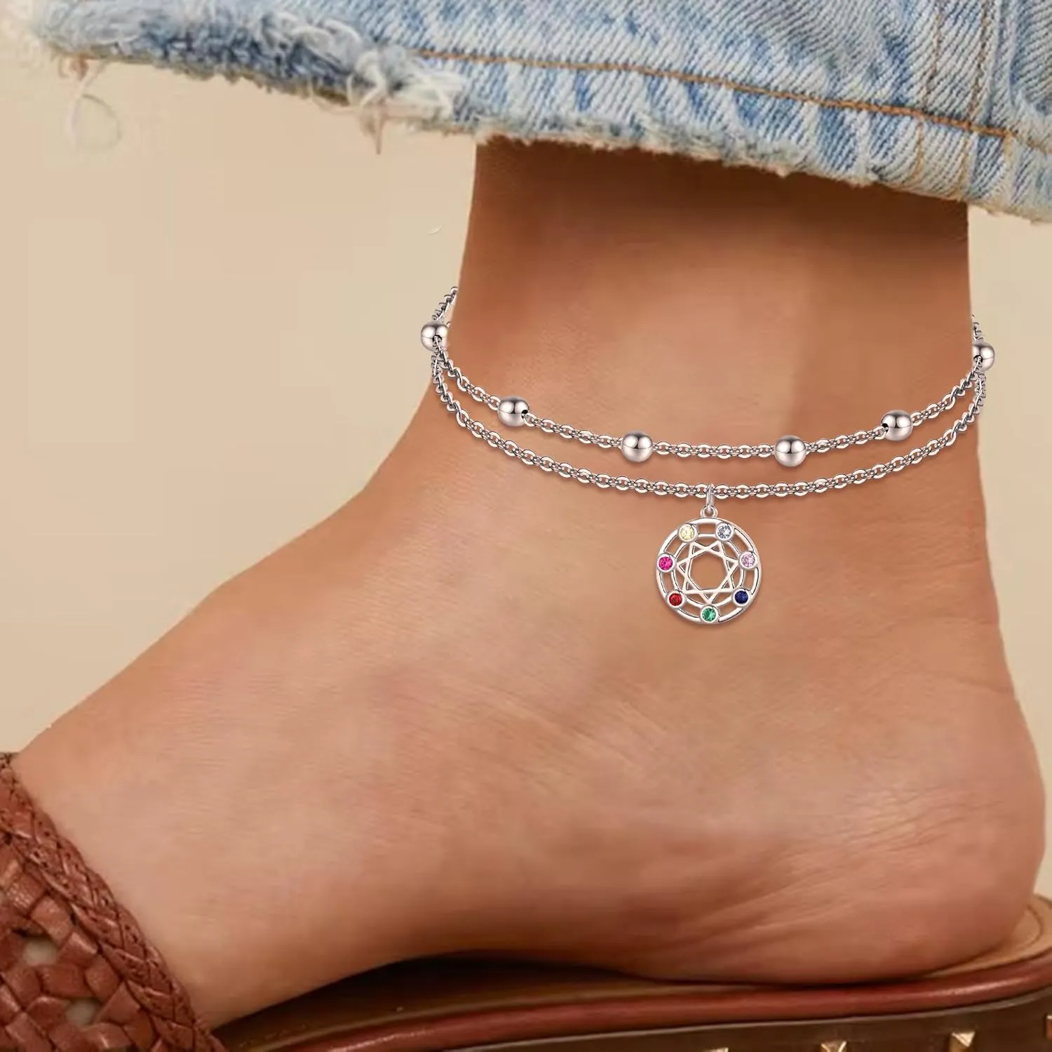 925 Sterling Silver Anklets Bracelets for Women Dainty Beach Layered Chakra Anklets Yoga OM Symbol Charm Anklet Bracelet Jewelry for Women Wife Girlfriend Friends