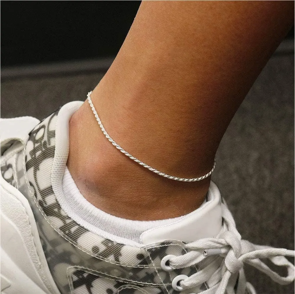 925 Sterling Silver Anklets For Women, Ankle Bracelets for Women, Basic Chain Link Anklets For Women, Rope Chain, Curb Chain Anklet, Figaro Chain