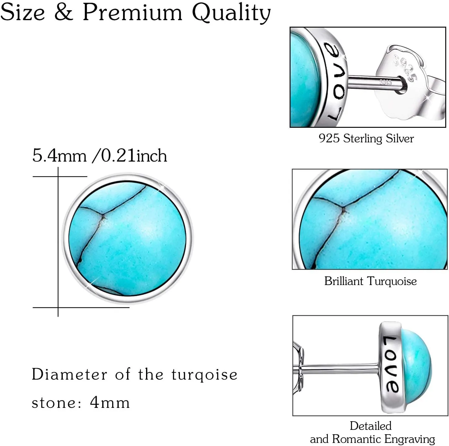 925 Sterling Silver Turquoise Studs Hypoallergenic Earrings for Sensitive Ears with Romantic "Forever" "Love" Engraving, Turquoise Jewelry Mother Day for Women Girlfriend-4MM 6MM
