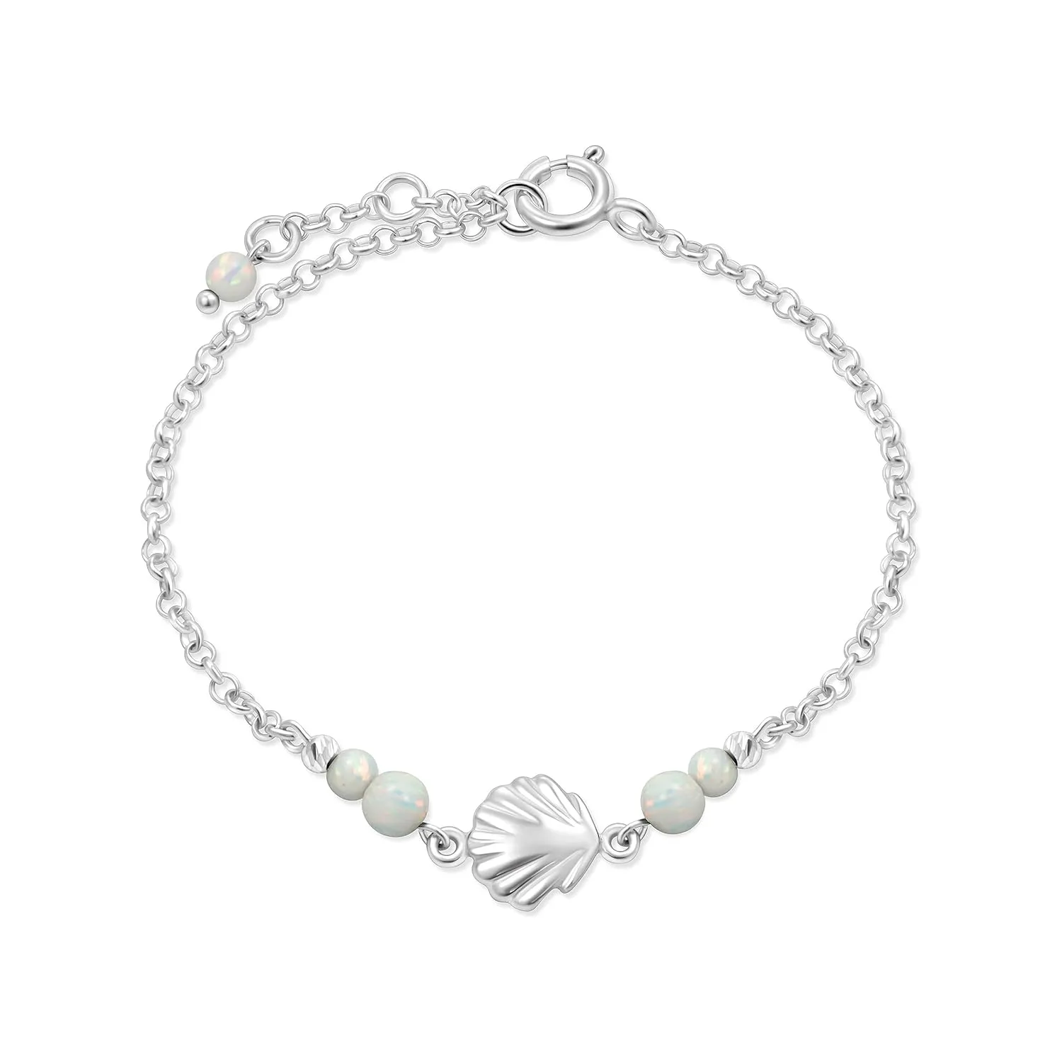 925 Sterling Silver White Opal Bracelets for Women - 3mm Round Beads with Sea Shell Sterling Silver Charm, Adjustable Chain 16-18cm Length - Silver Bracelets for Women - White Opal Jewelry Gift