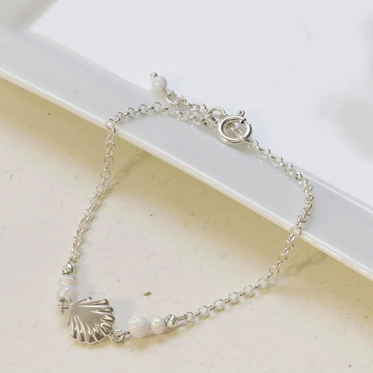 925 Sterling Silver White Opal Bracelets for Women - 3mm Round Beads with Sea Shell Sterling Silver Charm, Adjustable Chain 16-18cm Length - Silver Bracelets for Women - White Opal Jewelry Gift