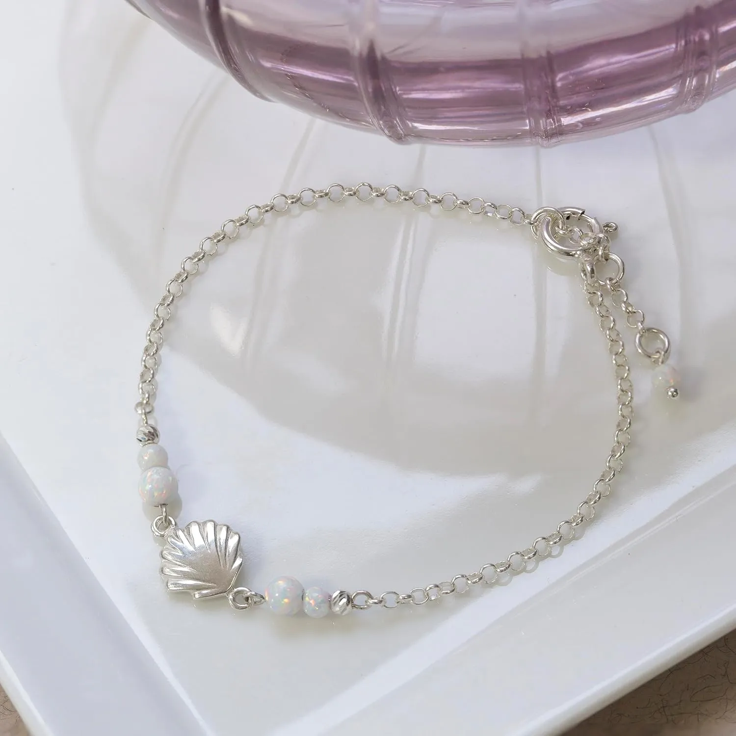 925 Sterling Silver White Opal Bracelets for Women - 3mm Round Beads with Sea Shell Sterling Silver Charm, Adjustable Chain 16-18cm Length - Silver Bracelets for Women - White Opal Jewelry Gift