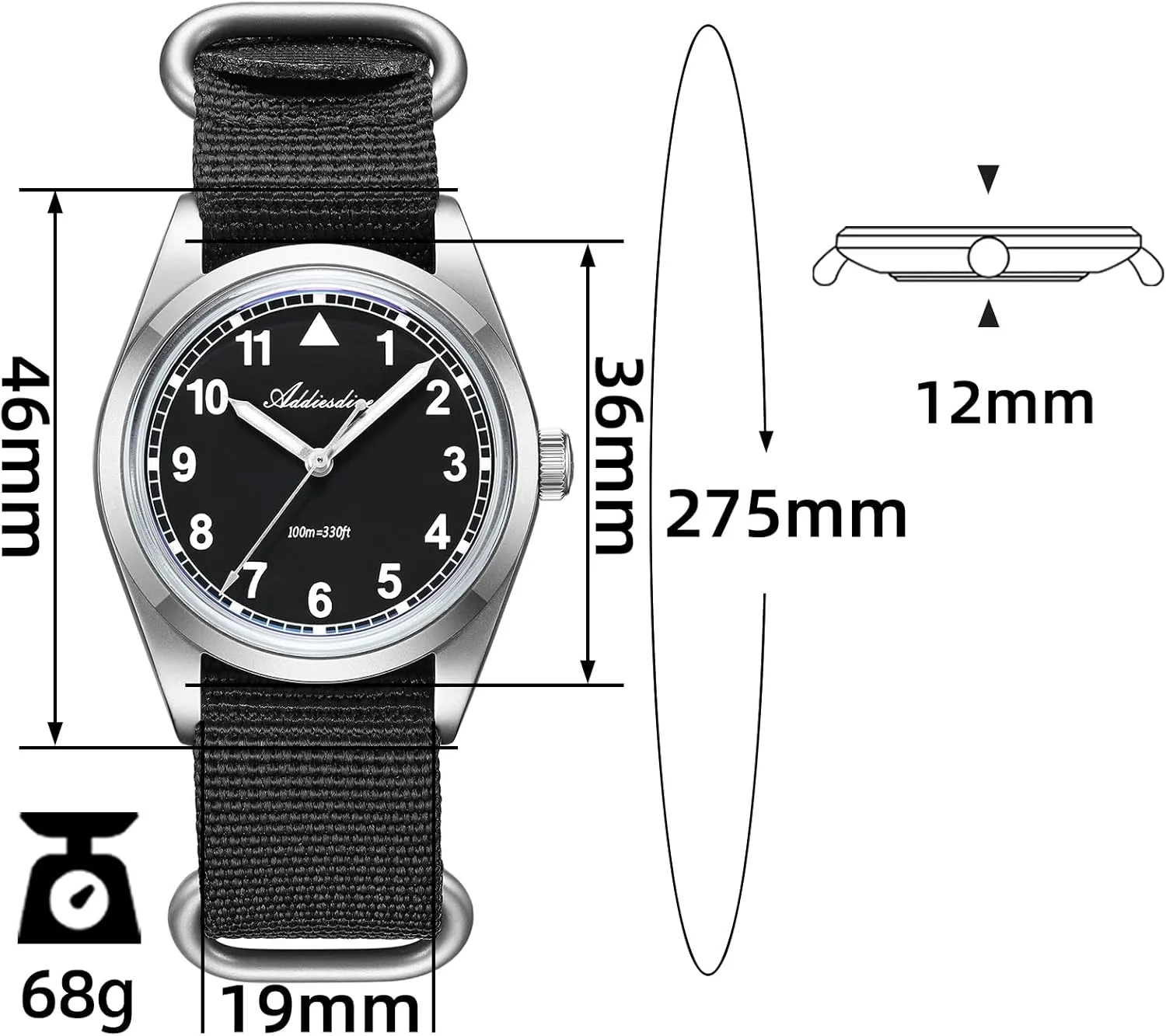 ADDIESDIVE 36MM Mens Military Field Watches VH31 Quartz Movement Sweep Second Hand Luminous 100M Waterproof Watches for Men Minimalist Outdoor Sports Mens Wrist Watch