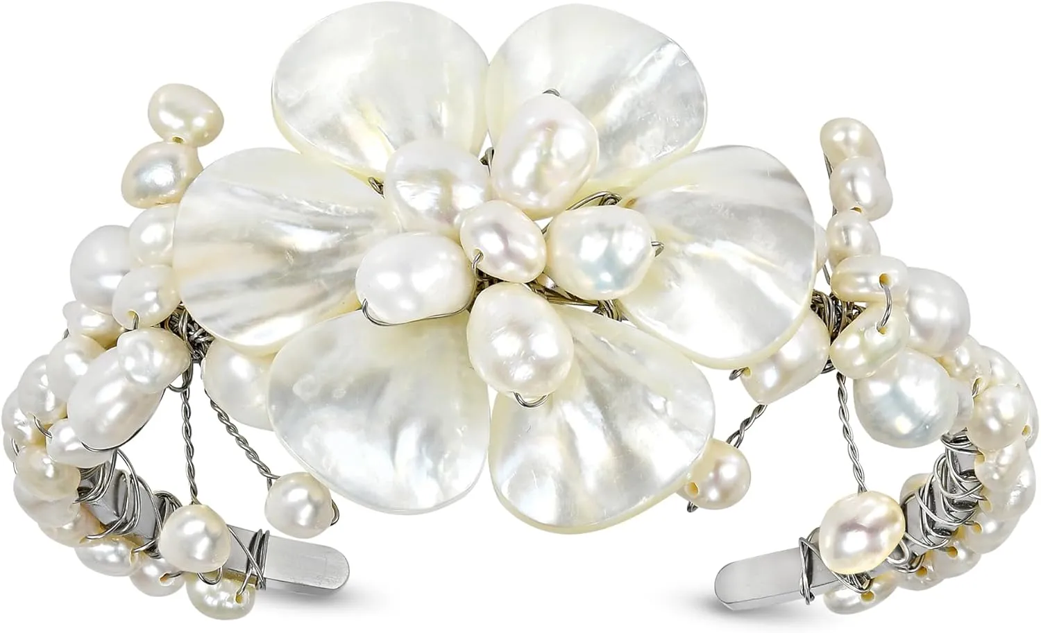 AeraVida Oceans Iridescent Garden White Mother of Pearls Seashell and Cultured Freshwater Pearls Floral Cuff Bracelet | Open Cuff Bangle Bracelet for Women