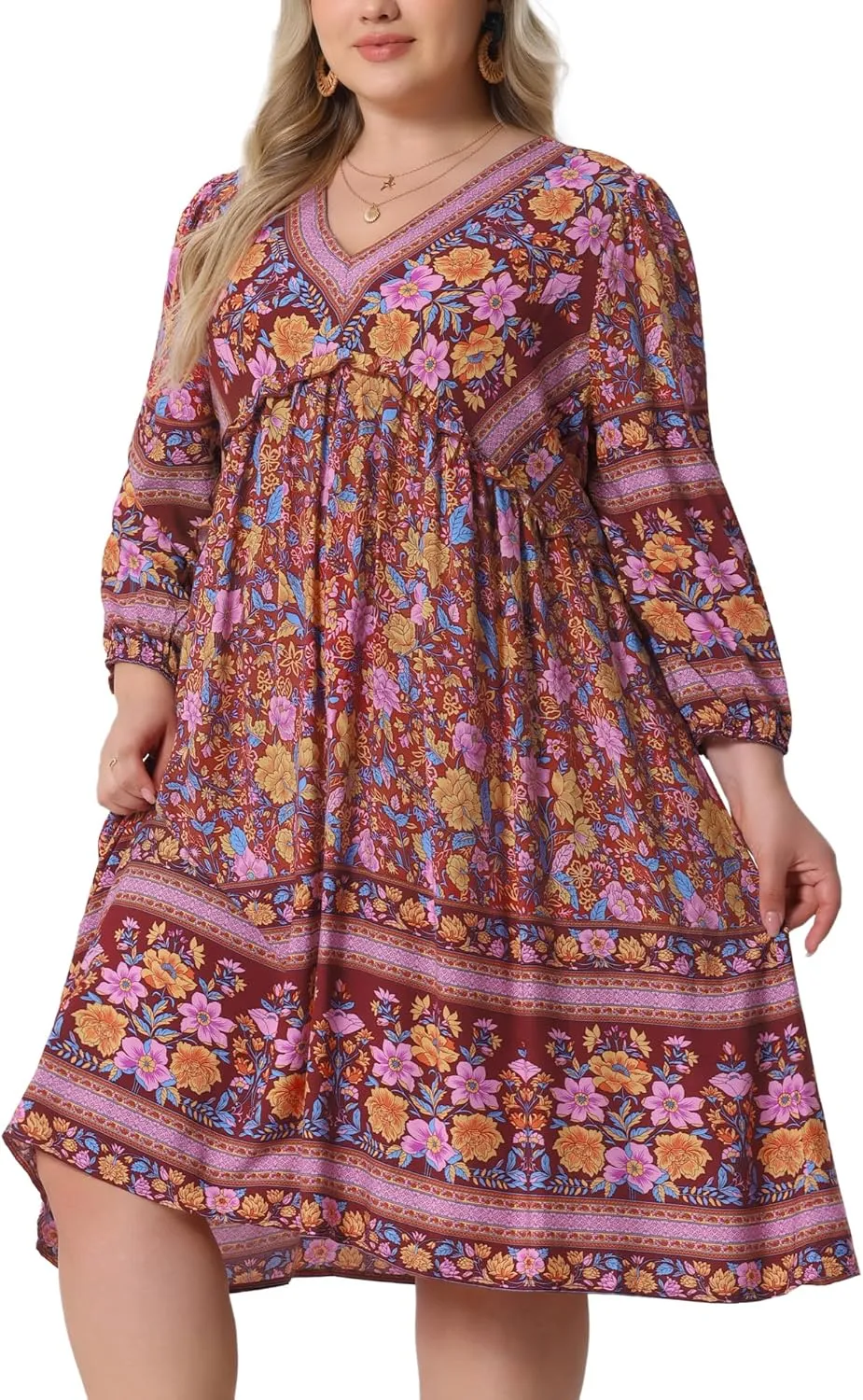 Agnes Orinda Plus Size Summer Dress for Women Casual Boho Floral V Neck 3/4 Sleeve Midi Short Beach Dress