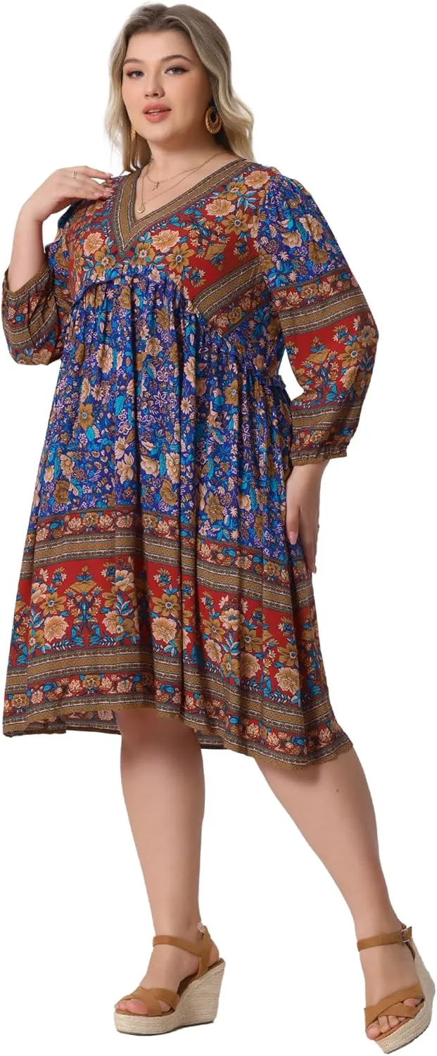 Agnes Orinda Plus Size Summer Dress for Women Casual Boho Floral V Neck 3/4 Sleeve Midi Short Beach Dress