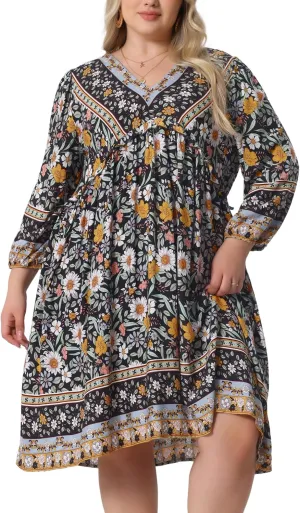 Agnes Orinda Plus Size Summer Dress for Women Casual Boho Floral V Neck 3/4 Sleeve Midi Short Beach Dress